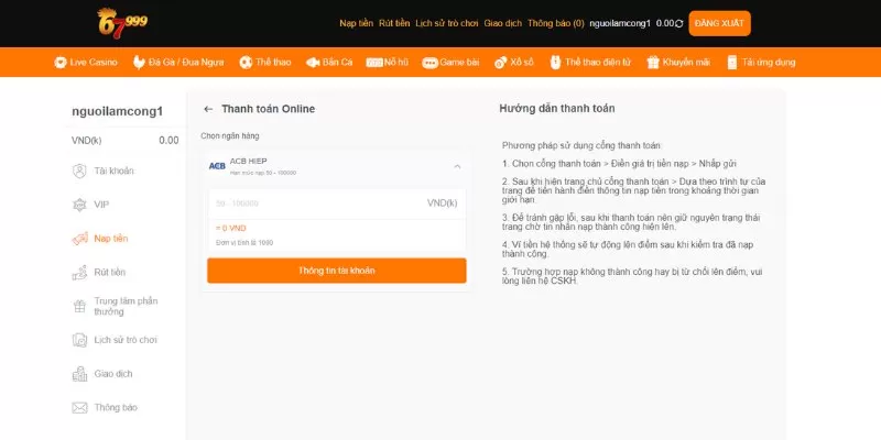 Các hình thức nạp tiền của nhà cái 67999