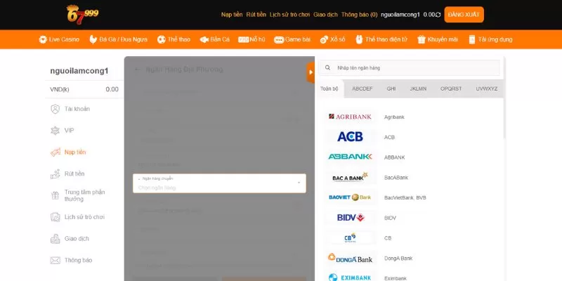 Những điều cần chú trọng khi nạp tiền tại 67999